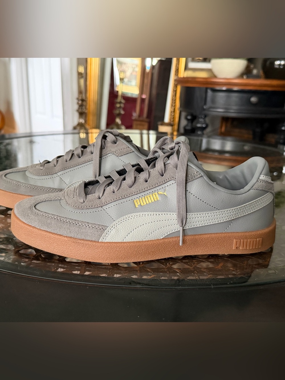 PUMA Club II Era sleek gray leather upper & gum sole sneakers